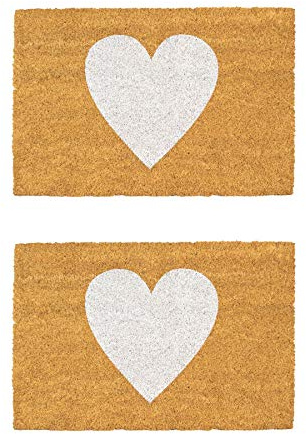 Nicola Spring Coir Door Mat - 60 x 40cm - White Heart - Pack of 2 - Decorative Indoor Front Door Floor Mat Entry Dirt Trapper Rug Outdoor Boot Scraper Non Slip Backing Doormat