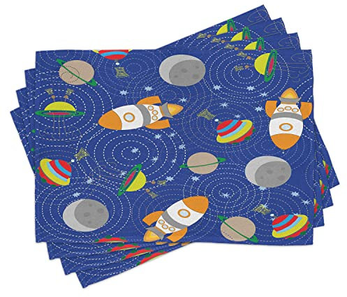 ABAKUHAUS Kindergarten Platzmatten, Weltraum-Themed Mond-Raumschiff und UFO-Muster auf Bullseye Kreise Hintergrund, Waschbare Stoff Esszimmer Küche Tischdekorations Digitaldruck, Dunkelviolett