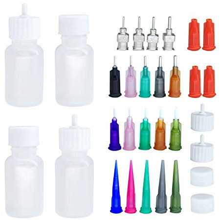 XMASIR Mehrzweck-Präzisions-Applikator JAC-Flasche für Henna-Set 4 Stk.1 Unze.Flasche mit 4 Stk.Verschlusskappen und 16 Stk.Nadelspitzengrößen
