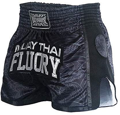 FLUORY Pantaloncini da Muay Thai, resistenti agli strappi, da boxe, MMA, combattimento, calcio, abbigliamento per uomini, donne, bambini, arti marziali, allenamento, grpling., Nero-mtsf69, S