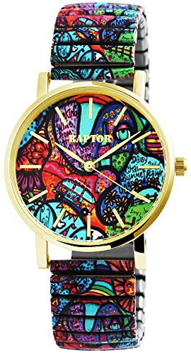 Raptor Colorful Edition Damen-Uhr Zugband Edelstahl Motiv Bunt Print Analog Quarz RA10205