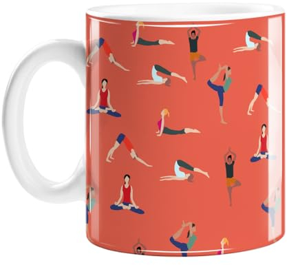 LEMON LOCO Yoga Poses Mug | Tazza illustrata a mano, tazza arancione con posa di yogi, posa di loto, posa cobra, cane rivolto verso il basso, posa albero, Namaste