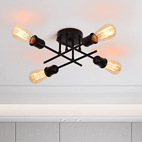 Qcyuui Industrial Semi Flush Mount Ceiling Light 4-Light Rustic Sputnik Chandelier with E27 Base, Modern Energy Efficient Black Ceiling Light Fixture for Kitchen Dining Living Room Bedroom