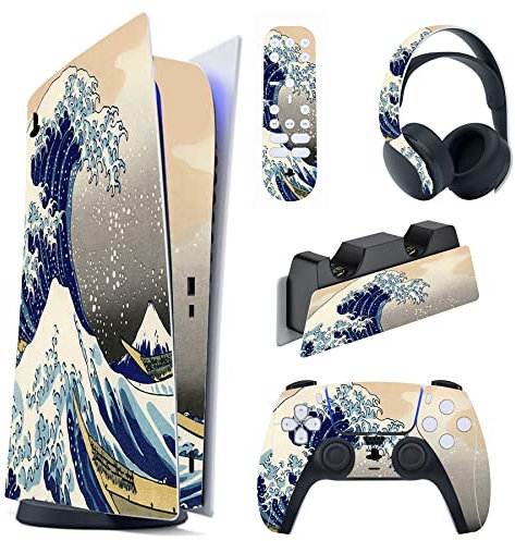PlayVital Autocollant Protection pour ps5 Manette,Sticker Skin Habillages pour ps5 Digital Console & Station de Charge & Casque & Télécommande Média-Grande Vague Double Face