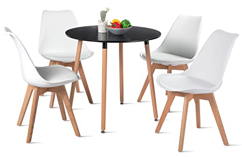 H.J WeDoo Esstisch mit 4 Eiche Stühle Essgrupp Holztisch und Weiß Skandinavisches Esszimmerstühle Esstisch Set für Esszimmer Küche