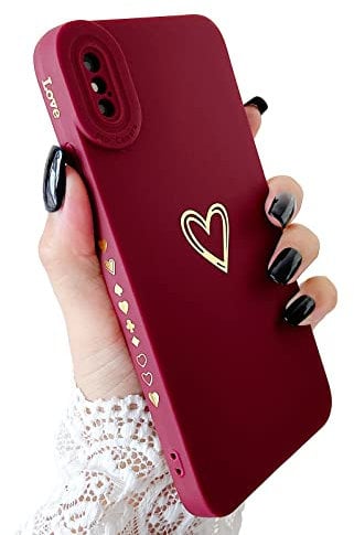 SmoBea Compatible with iphone Xs Max Case, Cute Gold Heart Pattern Phone Case for Women Girls With Side Small Love Pattern Silicone Protective Shockproof Phone Case (Red)