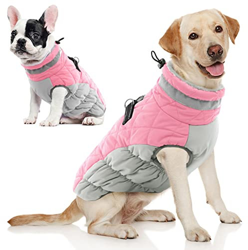 AOFITEE Hundemantel für Mittelgroße Hunde, Warme wasserdichte Hundejacke mit Geschir, Reflektierende Fleece Winddichter Wintermantel Hund für Kaltes Wetter, Hundemantel Französische Bulldogge, M Rosa