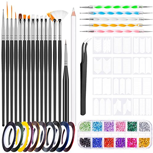 MELLIEX 45pcs Kit de Nail Art avec Pinceaux de Peinture d'Ongle, Stylo de Pointage d'Ongle, Bandes de Rayure, Autocollants à Ongles Française, Strass, Pince à Épiler pour Décoration Nail Art