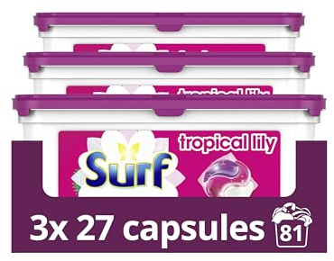 Surf Tropical Lily 3 in 1 Capsules Washing Capsules even more fragrance* for brilliantly clean laundry every time 3x 27 capsules (81 washes)