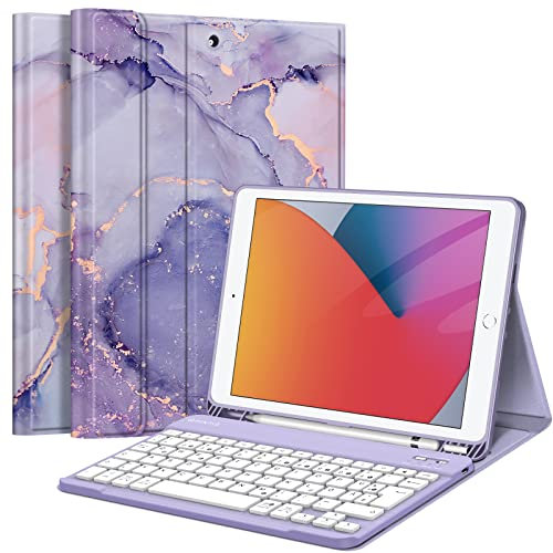 FINTIE Tastatur Hülle für iPad 10.2 Zoll (9/8/ 7 Generation - 2021/2020/2019), Soft TPU Rückseite Gehäuse Schutzhülle mit Pencil Halter, magnetisch Abnehmbarer Tastatur mit QWERTZ Layout, Lila Marmor