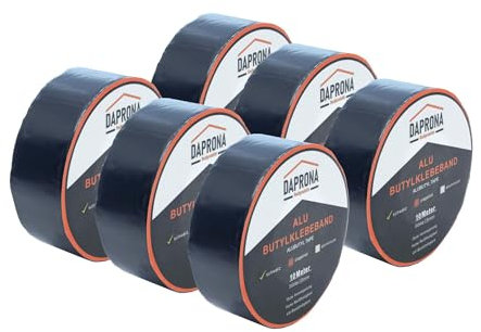DAPRONA Butylband, Panzertape 10m x 50mm, 6 Stück Schwarz Dichtungsband Alu, Reparaturband, Dichtband Fenster Dachrinne, wasserfest, hitzebeständig