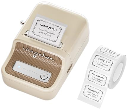 NIIMBOT B21 Etikettendrucker mit 1 Rolle Starterband, Bluetooth Selbstklebendes Etikettiergerät, Beschriftungsgerät Druckgröße 20-50mm Kompatibel mit iOS und Android für Zuhause, Büro (Beige)