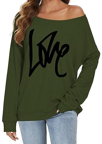 Womens Off The Shoulder Sweatshirts Long Sleeve Tops Pullover Sweater Casual Loose Blouse Fall Fashion (A Army Green, L)