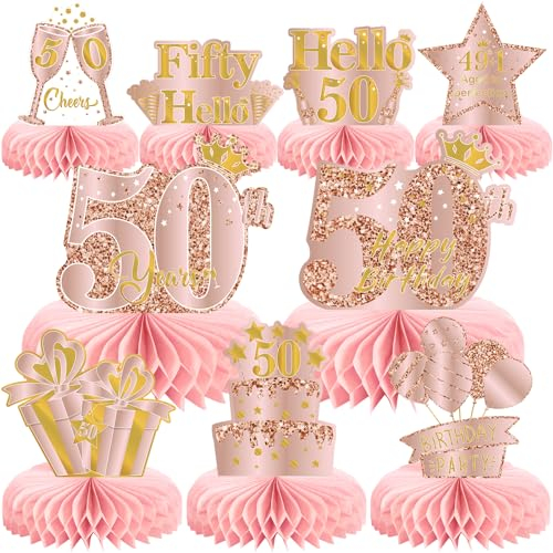 9 Stück 50 Geburtstag Deko,Deko 50. Geburtstag Frauen,Roségold Rosa Bienenwabe Mittelstück Tischdeko Geburtstag,50 Geburtstag Party Deko Supplies,Geschenke Für Frauen Zum Geburtstag