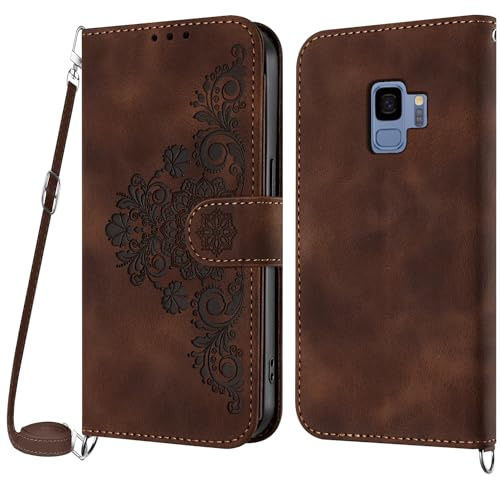 NETANY Handykette Hülle für Samsung Galaxy S9, Handyhülle für Samsung S9 Hülle mit Kette Klappbar, PU Leder Necklace Klapphülle und Umhängeband Lanyard Flip Stoßfest Schutzhülle mit Band (Braun)