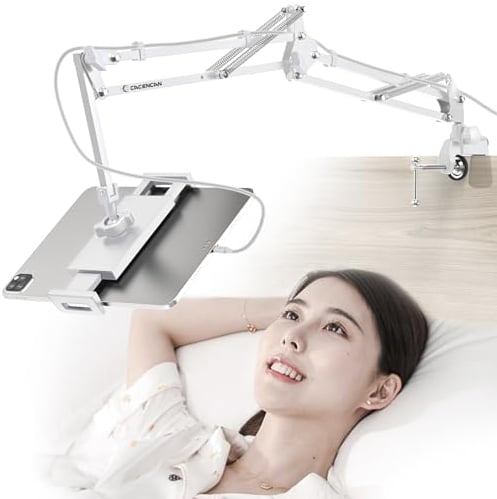 CACENCAN Tablethalterungen für Bett mit Lampe, Tablet Halterung Bett, Tablethalterung, Tablet-Ständer, Universeller Tablet-Halter 360 Grad Drehung für iPad/iPhoneX/iPad Pro 4.5~13.5 Zoll (Weiß)