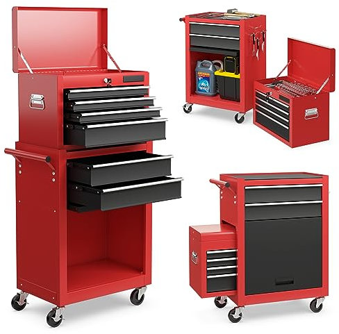 COSTWAY Rolling Tool Cabinet, 2 in 1 Lockable Tool Chest with Removable Top Cabinet, 6 Drawers, Hooks, Handle & Wheels, Heavy-duty Metal Tool Box Trolley for Garage Workshop (Black+Red)