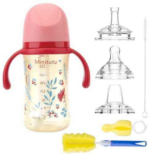 Qshare 3 in 1 Baby Sippy Cup with Straw and Spout 240ML,Toddler Drinks Water Bottles Trainer Cup with Handles for Babies 6 12 Months(One Cup with 3 Spout) (Pink)