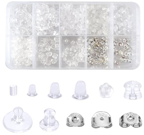 TOAOB 600 Stück Ohrring Verschlüsse 10 Stile Sichere Ohrring Rücken Stopper 925 Silber und Kunststoff Gummi Ohrstopper Schmetterlinge Runde Form Sicherheit Verschlüsse für Haken Ohrringe Ohrstecker