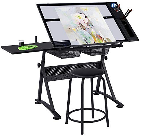 Abician Table à Dessin Inclinable en Verre avec Tabouret Bureau à Dessin Réglable en Hauteur et 2 Tiroirs de Rangement pour Adulte, Noir