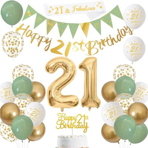 21st Birthday Decorations,Sage Green Gold White 21st Birthday Banners Balloons Cake Topper Sash Bunting Flags Number Helium Balloons for Boys Girls 21st Party Deco