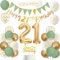 21st Birthday Decorations,Sage Green Gold White 21st Birthday Banners Balloons Cake Topper Sash Bunting Flags Number Helium Balloons for Boys Girls 21st Party Deco