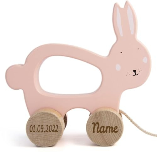 Trixie Nachziehtier Holz PERSONALISIERT mit Name und Datum graviert Motorikspielzeug Schiebetier Hase