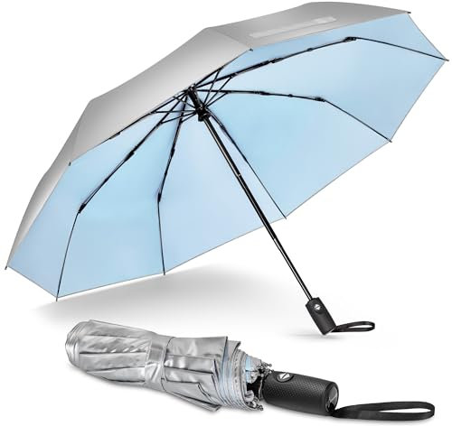 NINEMAX UV Parapluie Pliable Incassable Soleil Anti Vent,Parapluie de Voyage Automatique Pour Hommes Femmes Petite Taille(Bleu Clair)