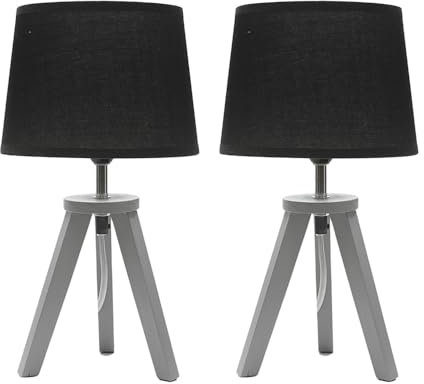 Pair of - Grey Wood Tripod Table Lamp with Linen Tapered Lampshade Living Room Bedside Light