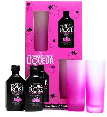 Tequila Rose Gift Set - Tequila Rose Strawberry Cream Liqueur Miniatures 2 5cl, 2x Shot Glasses - Miniature Alcohol Bottles, Birthday Gifts for Women, Men, Alcohol Gift Set for Him, Her, Fathers Day