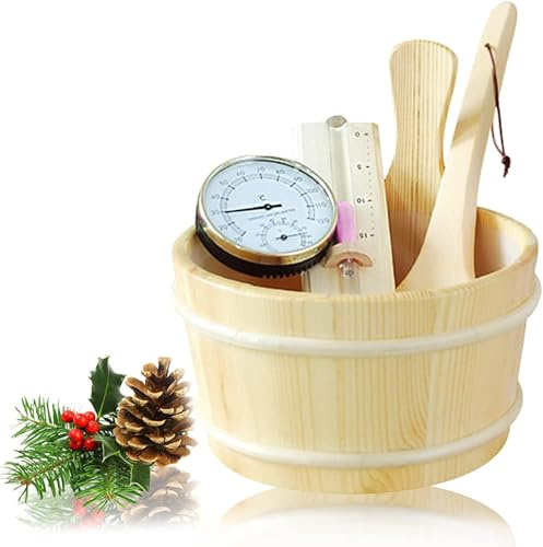 Sauna Bucket and Ladle Set,5pcs 4L Sauna Bucket Wooden Bucket Sauna Accessories Wood Bucket Sauna Kit Cedar Sauna for Home(Sauna Bucket+Sauna Ladle+Sauna Thermometer Hygrometer+Hourglass+Attachment)