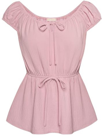 Damen Elegant Bluse Vintage U Ausschnitt Einfarbig Cap Hülse Oberteile Hellrosa L