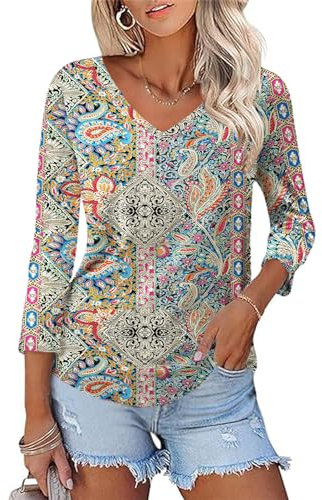 Rapbin Boho Tops for Women 3/4 Sleeve Fashion Dressy Tunic Blouses V Neck Floral Shirts Casual Lightweight Summer 2025