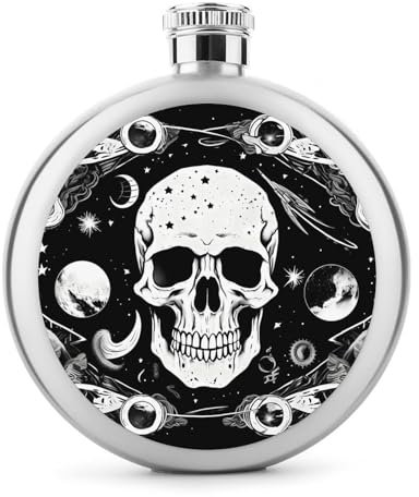 Petaca de acero inoxidable con estampado gótico de calavera y luna, botella de vino redonda de 5 onzas, a prueba de fugas