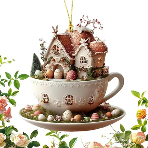 Osterei-Ornamente für Kaffeetassenhaus, 2D-Acryl, flach, hängend, 7,4 x 8 cm, festliche Osteranhänger für Baumschmuck, Zuhause und Feiertage