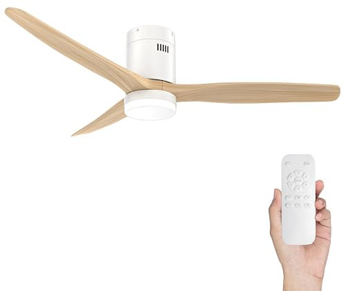 LARDECOR - Ventilador de Techo Moderno【con Luz LED y WiFi】 Silencioso con Mando a Distancia, 6 Velocidades, 3 Temperaturas, Aspas de Madera/Motor DC y Función Verano-Invierno, Ø132 cm (Madera Clara)
