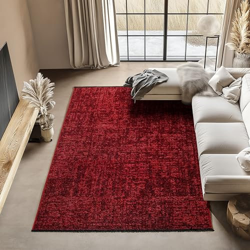 Carpettex Chenille Teppich Baumwolle Rot 160x230 cm Boho-Stil, Vintage Kelim, Waschbar, Kurzflor, rutschfest & Weich, Einfarbig Meliert, Für Wohnzimmer, Schlafzimmer, Büro & Küche