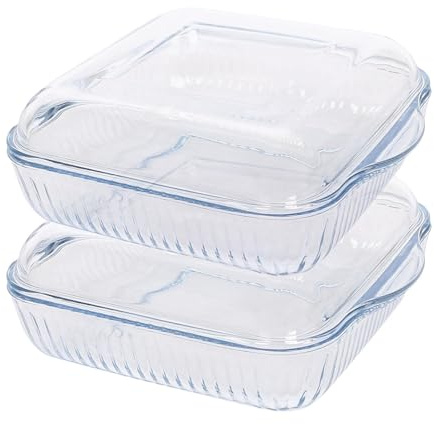 Argon Tableware Optical Square Glass Oven Dishes with Lid - 24cm x 21cm - 2x Large Deep Baking Casserole Lasagne Roasting Roaster Cooking Tray Bowl | Microwave Safe, Freezer Safe