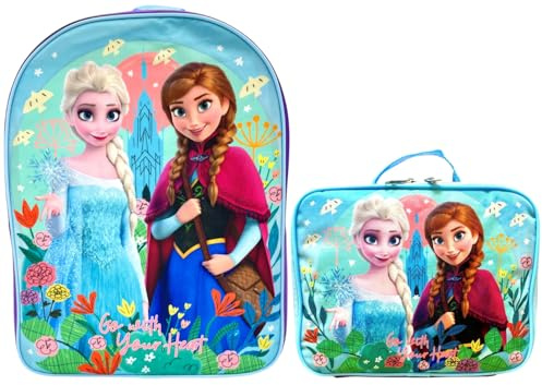 Disney Frozen Elsa and Anna Girl's School Backpack with Lunch Box Set. 2 Piece 15” Book Bag and Lunch Box Bundle