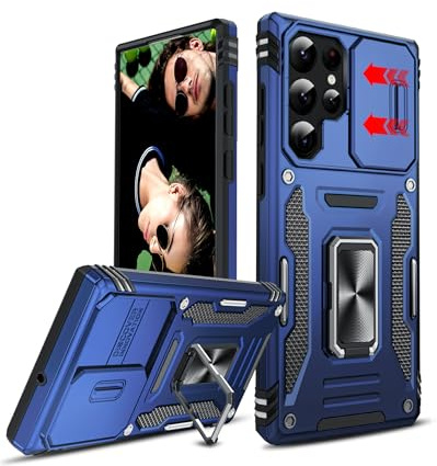 LeYi for Samsung Galaxy S22 Ultra Phone Case with Camera Cover Slider | and Ring Stand Holder, Tough Armour Cover Hard Heavy Duty Case for Samsung S22Ultra, Navy Blue
