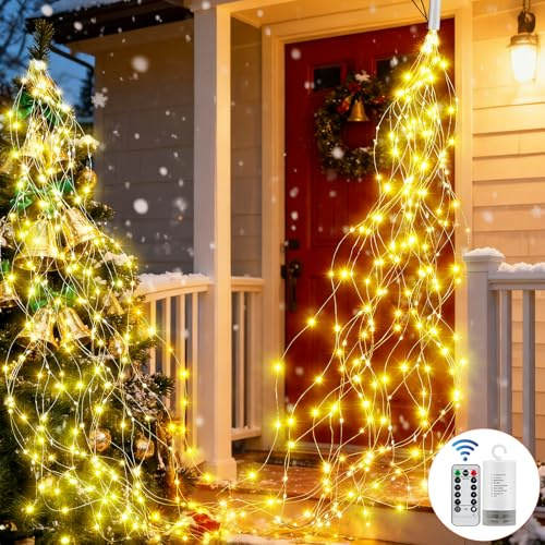 JEDWKFA Lichterschweif 2M, 200 LED Weihnachtsbeleuchtung, Lichterkette Wasserfall mit Strom, Timer, Fernbedienung, 8 Modi, Lichterkette kupferdraht für Weihnachten Innen Deko