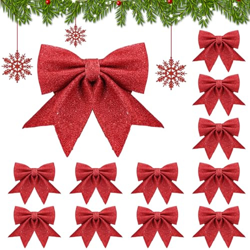 Bingqiling Rote Weihnachtsschleifen 12 Stück mit Glitzer, Weihnachtsbaum Schleifen für Weihnachtsbaum Deko, Weihnachtskranz, Geschenkverpackung, Tischdeko, Party & Festliche Dekoration