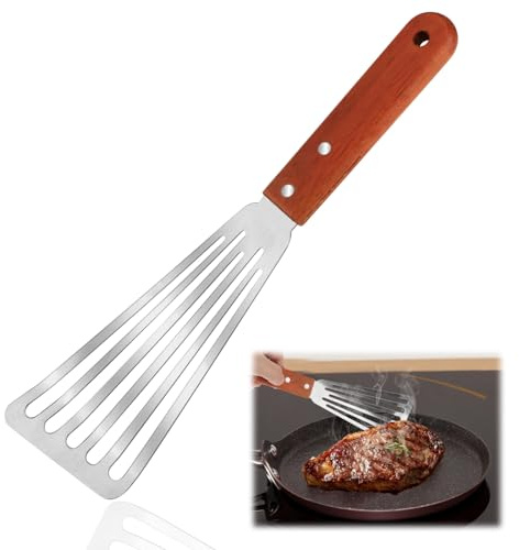 Fish Spatula Stainless Steel Fish Turner Professional Slotted Fishes Slice Spatula BBQ Shovel Non Stick Spatulas with Wooden Handle for Kitchen Cooking Flipping Frying Pancake, 29cm