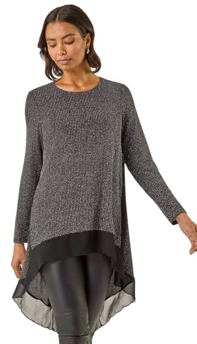 Roman Originals Chiffon Dipped Hem Top Asymmetric Tunic for Women UK Ladies Stretchy Jersey Flared Blouse Smart Fit & Flare Form Casual Loose Longline Party Hanky Tunics - Sparkly Noir - Size 12