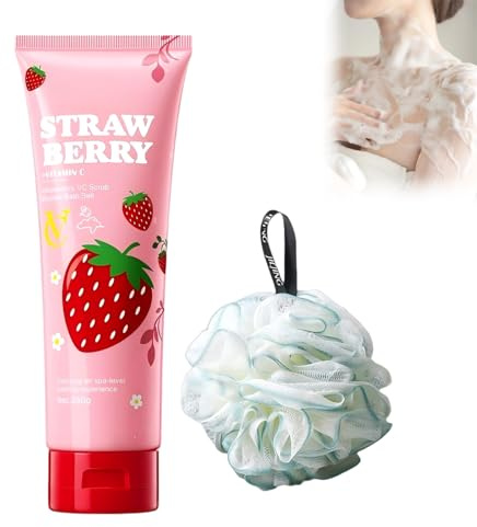 250g Erdbeer-VC Peeling-Badesalz mit Schaum, reinigt Haut gründlich, inkl. Duschschwamm, exfoliiert & pflegt die Haut