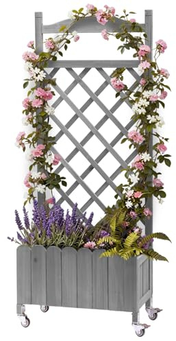Rankgitter Pflanzkasten mit Rollen, Holz Hochbeet mit Spalier, wetterbeständiger Pflanzenkübel mit Drainagelöchern, mobiler Blumenkasten für Garten, Balkon & Terrasse, 49x28x116cm-grau