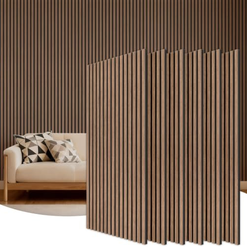 TONOR Holz-Wandpaneele für Innenwand-Deko – 6er-Pack, 120 × 60 cm | Akustikpaneele Holz-Lamellen – 4,32 m², Schalldämmende Wandpaneele für Lärmschutz & Deko, Wohnzimmer, Büro, Walnuss