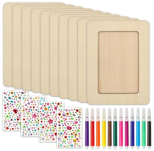 LINISITING 10 Stück Bilderrahmen Holz Set, DIY Bastelset mit 12 Stiften und 4 Stickern, Bilderrahmen zum Bemalen, Wand Tischrahmen für Heimdekoration, Geburtstags und Weihnachtsgeschenke