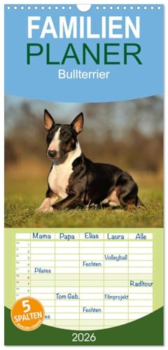 Familienplaner 2026 - Bullterrier 2026 - Kleine Clowns mit großem Herz mit 5 Spalten (Wandkalender, 21 cm x 45 cm), CALVENDO: Bullterrier, wie sie sind. Witzig und frech. (CALVENDO Tiere)