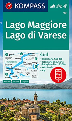 KOMPASS Wanderkarte 90 Lago Maggiore, Lago di Varese 1:50.000: 4in1 Wanderkarte mit Aktiv Guide und Detailkarten inklusive Karte zur offline Verwendung in der KOMPASS-App. Fahrradfahren. Skitouren.